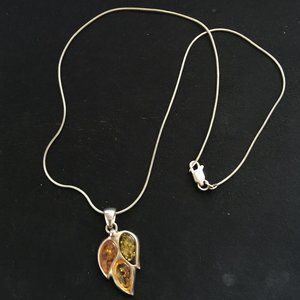JK 925 Sterling 3 Colored Amber Leaf Pendant Necklace